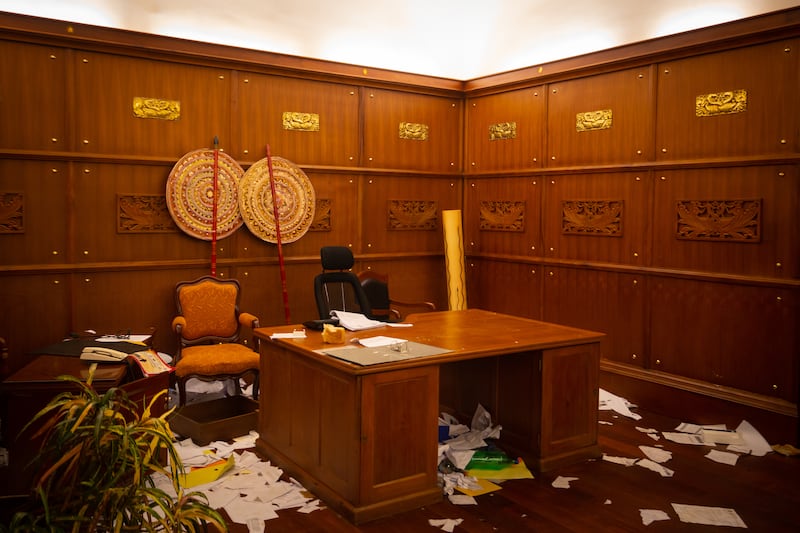 The vandalised office of the Sri Lankan president inside his official residence in the capital. Getty