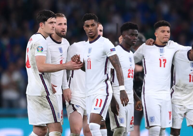 Marcus Rashford with England teammates during the penalty shootout against Italy in the Euro 2020 final. Reuters