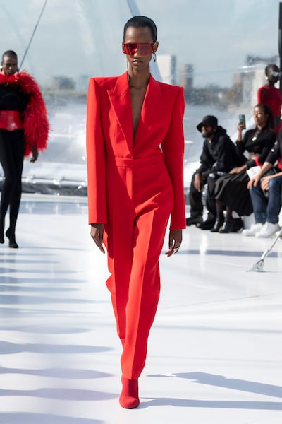 A tuxedo jumpsuit with structured shoulders. Photo: Alexander McQueen