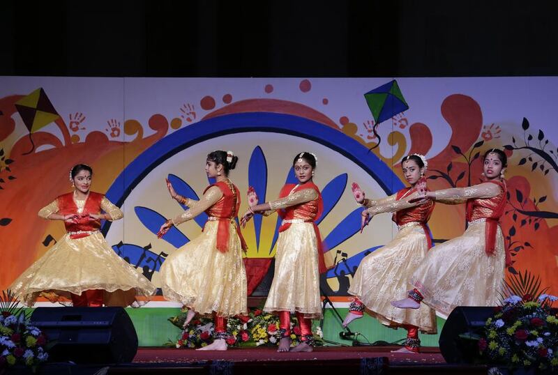 Kathak is performed by Ketki Hazra’s students Abhipriya, Mahika, Akshita, Samriddhi and Arya, during the Republic Day celebrations at the Indian High School, Dubai. Jeffrey E Biteng / The National