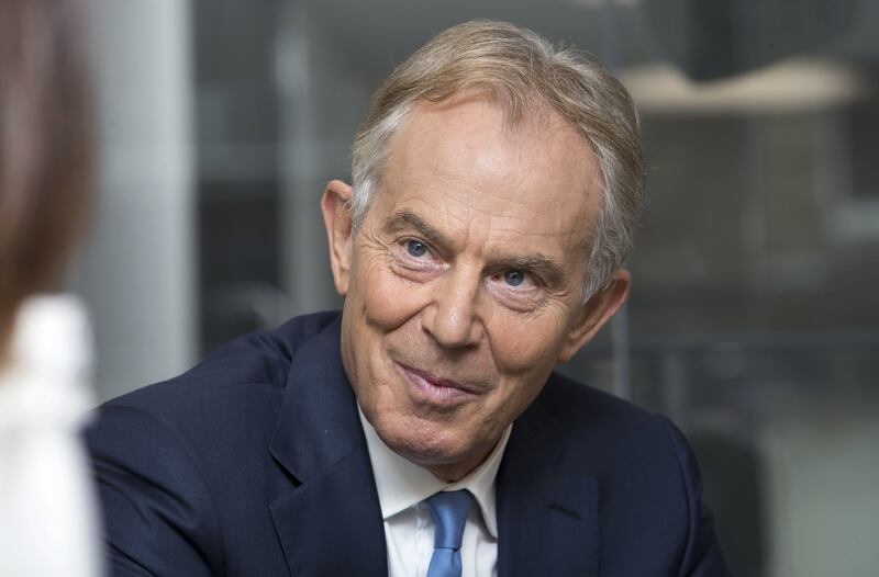 LONDON 19th October 2017. Former UK Prime Minister Tony Blair in his office in London as he is interviewed by Mina al-Oraibi, Editor in Chief of The National and London Bureau Chief Damien McElroy.  Stephen Lock for the National 