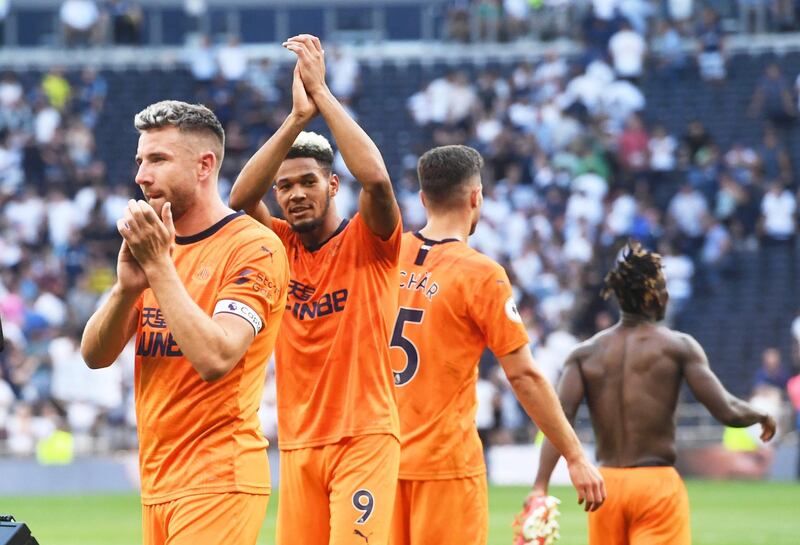 epa07793620 Newcastle's Joelinton (2-L) and his teammates celebrate after winning the English Premier League soccer match between Tottenham Hotspur and Newcastle United in London, Britain, 25 August 2019.  EPA/FACUNDO ARRIZABALAGA EDITORIAL USE ONLY. No use with unauthorized audio, video, data, fixture lists, club/league logos or 'live' services. Online in-match use limited to 120 images, no video emulation. No use in betting, games or single club/league/player publications