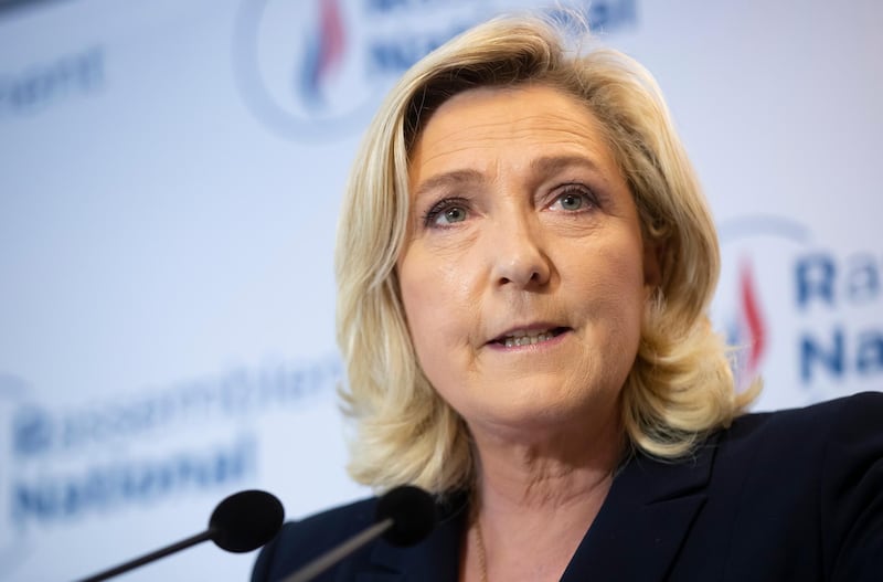 epa09306533 Far-right Rassemblement National (RN) party president Marine Le Pen delivers a statement at the party headquarters in Nanterrre near Paris, France, 27 June 2021. Polls closed after a second round vote of the country's regional election, with early estimations indicating a clear loss for France's RN party.  EPA/IAN LANGSDON