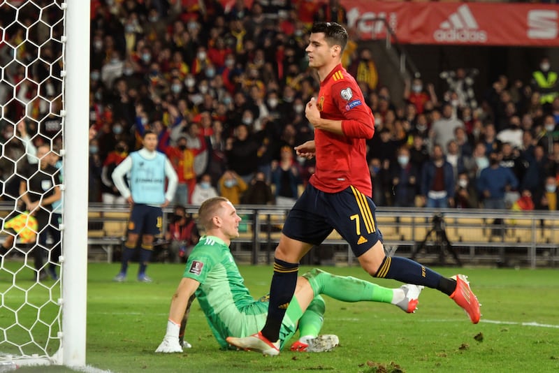 Spain's Alvaro Morata reacts after scoring tin the 86th minute against Sweden. Getty