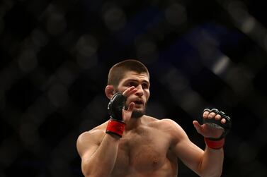 ABU DHABI, UNITED ARAB EMIRATES - SEPTEMBER 07: Khabib Nurmagomedov of Russia compete against Dustin Poirier of United States in their Lightweight Title Bout during the UFC 242 event at The Arena on September 07, 2019 in Abu Dhabi, United Arab Emirates. (Photo by Francois Nel/Getty Images)