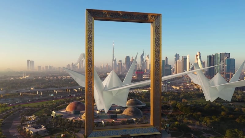 Dubai Frame opens up to views of enormous origami cranes.