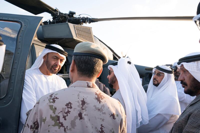 ABU DHABI, UNITED ARAB EMIRATES - January 21, 2019: HH Sheikh Mohamed bin Zayed Al Nahyan, Crown Prince of Abu Dhabi and Deputy Supreme Commander of the UAE Armed Forces (L), inaugurates a new weapon system developed by the UAE for Black Hawk helicopters, at the Sea Palace. Seen with HH Sheikh Hamdan bin Zayed Al Nahyan, Ruler’s Representative in Al Dhafra Region (2nd L), HH Sheikh Mohamed bin Butti Al Hamed (3rd L) and HH Sheikh Saeed bin Mohamed Al Nahyan (R).

( Mohamed Al Hammadi / Ministry of Presidential Affairs )
---