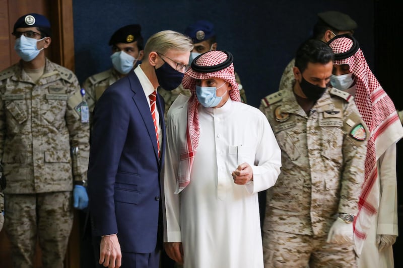 U.S. Special Representative for Iran Brian Hook and Saudi Arabia's Minister of State for Foreign Affairs Adel al-Jubeir arrive to attend a joint news conference in Riyadh, Saudi Arabia June 29, 2020. REUTERS/Ahmed Yosri