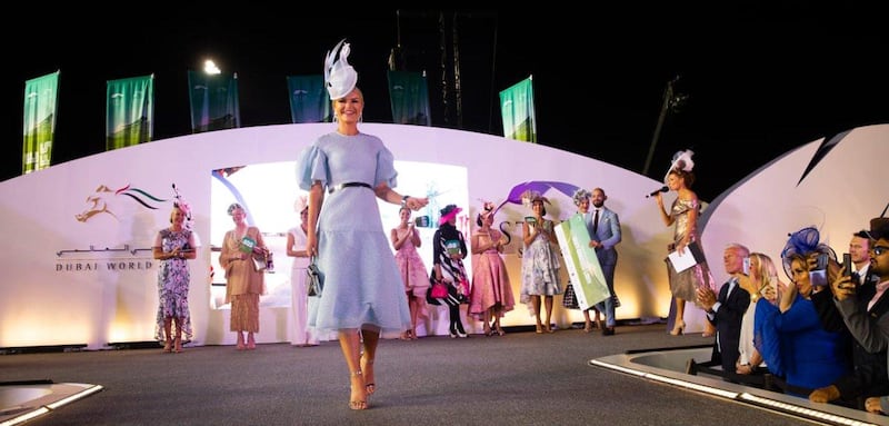 A look at Best Dressed Lady Eleanor Campbell's full outfit on the Style Stakes catwalk at the Dubai World Cup on March 30, 2019. Twitter / Meydan Style