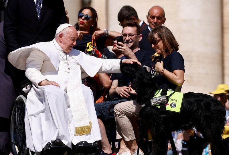 Pope Francis pets a dog after the weekly general audience in St Peter's Square at the Vatican. Reuters