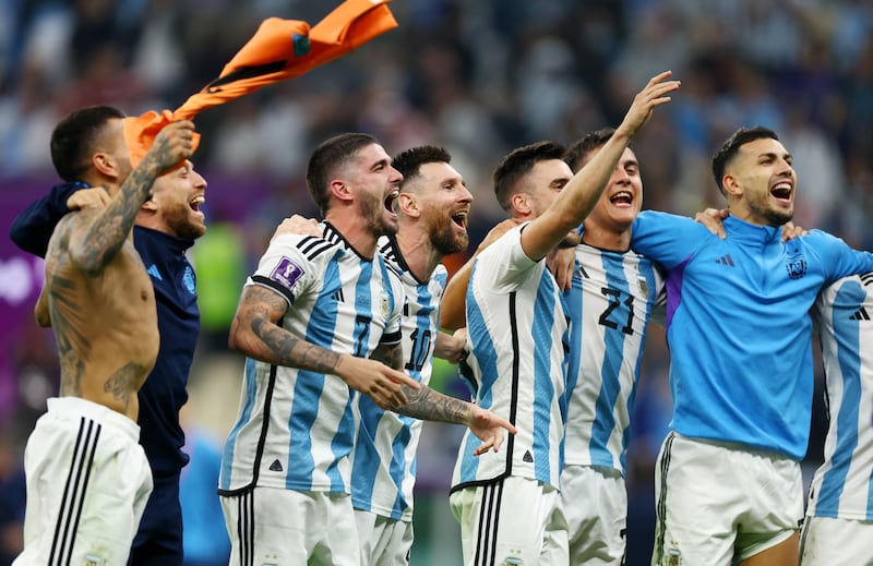  Lionel Messi celebrates Argentina's win with Rodrigo De Paul, Paulo Dybala, Leandro Paredes and Alejandro Gomez after the match. Reuters