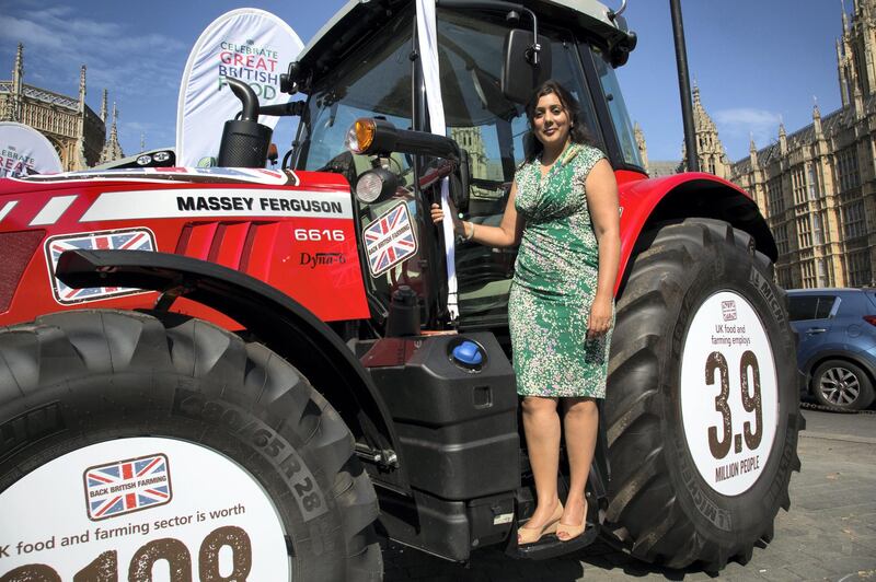 Nusrat Ghani MP at the National Farmers Union (NFU) took machinery, produce, farmers and staff to Westminster to encourage Members of Parliament to back British farming, post Brexit on 14th September 2016 in London, United Kingdom. MPs were encouraged to sign the NFUs pledge and wear a British wheat and wool pin badge to show their support. (photo by Mike Kemp/In Pictures via Getty Images Images)