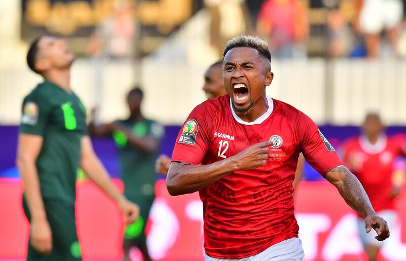 Madagascar midfielder Lalaina Nomenjanahary celebrates after scoring against Nigeria on 13 minutes. AFP