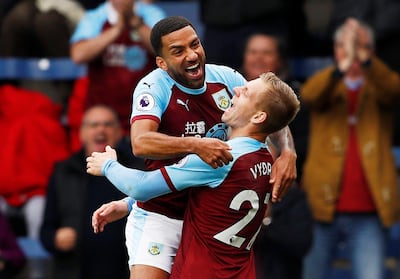 Soccer Football - Premier League - Burnley v AFC Bournemouth - Turf Moor, Burnley, Britain - September 22, 2018  Burnley's Matej Vydra celebrates scoring their first goal with Aaron Lennon            Action Images via Reuters/Jason Cairnduff  EDITORIAL USE ONLY. No use with unauthorized audio, video, data, fixture lists, club/league logos or "live" services. Online in-match use limited to 75 images, no video emulation. No use in betting, games or single club/league/player publications.  Please contact your account representative for further details.