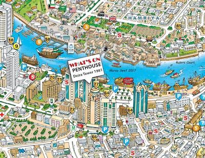 A section from the nostalgia edition of the popular Life in Sunny Dubai created by illustrator Russ North. The new map can be personalised, in this case showing the office where he once worked as art director for What's On magazine. Copyright Russ North / Cityview Maps