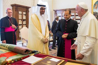 Sheikh Mohammed bin Zayed, Crown Prince of Abu Dhabi and Deputy Supreme Commander of the Armed Forces, met Pope Francis during a visit to the Vatican in 2016. Mohamed Al Hammadi / Crown Prince Court - Abu Dhabi