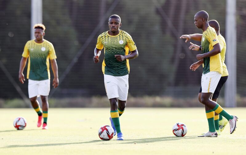Members of South Africa's Olympic football team work out ahead of the Tokyo 2020 Olympic Games in Chiba, east of Tokyo, Japan.