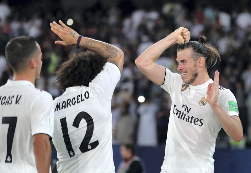 Abu Dhabi, United Arab Emirates - December 19, 2018: Gareth Bale of Real Madrid scores during the game between Real Madrid and Kashima Antlers in the Fifa Club World Cup semi final. Wednesday the 19th of December 2018 at the Zayed Sports City Stadium, Abu Dhabi. Chris Whiteoak / The National