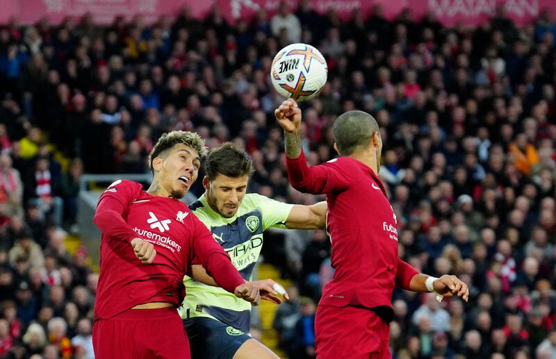 Ruben Dias – 6. The Portuguese’s lack of pace was exposed by Salah but he was strong in the tackle and in the air. AP Photo 