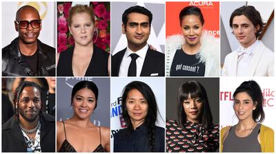 This combination photo shows, top row from left, Dave Chappelle, Amy Schumer, Kumail Nanjiani, Jada Pinkett Smith and Timothee Chalamet, and bottom row from left, Kendrick Lamar, Gina Rodriguez, Chloe Zhao, Tiffany Haddish and Sarah Silverman who are among 928 people invited to become members of the Academy of Motion Picture Arts and Sciences. (AP Photo)