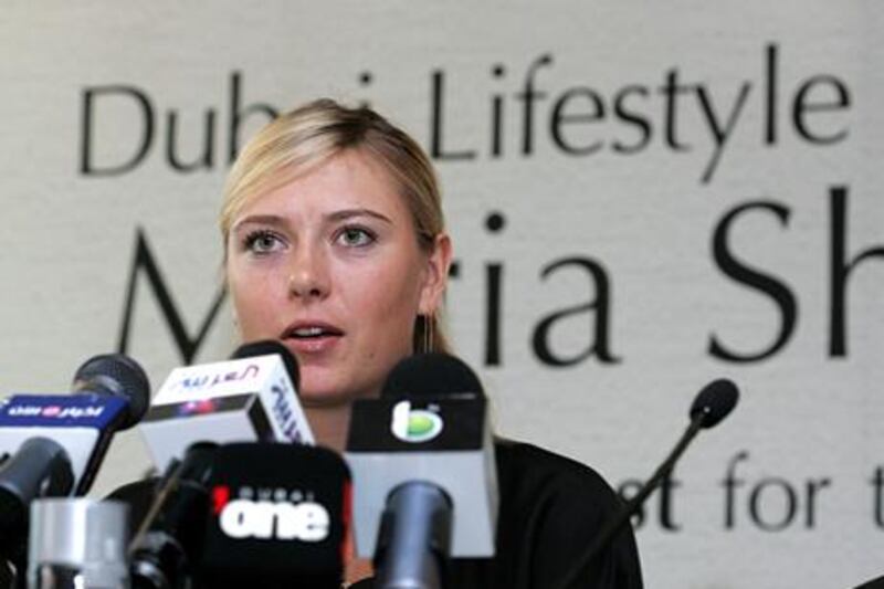 DUBAI, UNITED ARAB EMIRATES - NOVEMBER 14: Tennis star Maria Sharapova talks to the media during the official launch of the $654m Dubai Lifestyle City on November 14 2007. The project, being developed by ETA Star Group and located in Dubailand, will consist of 68 Tuscan-themed villas and 120 villettes, all conceived by Beverley Hills designer Tony Ashai.  (Photo by Joseph J Capellan / ADMC)