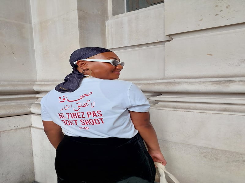 A Qasimi T-shirt is given a London twist with durag and pencil skirt at London Fashion Week. All photos: Sarah Maisey / The National