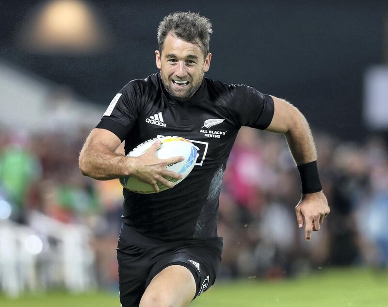 Dubai, United Arab Emirates - December 05, 2019: Kurt Baker of New Zealand scores during the game between New Zealand and Wales in the mens section of the HSBC rugby sevens series 2020. Thursday, December 5th, 2019. The Sevens, Dubai. Chris Whiteoak / The National