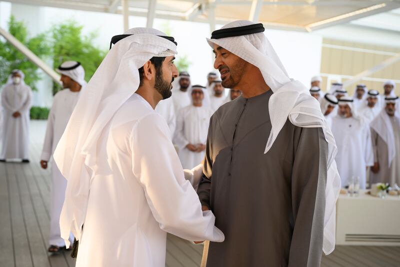 President Sheikh Mohamed receives Sheikh Hamdan bin Mohammed, Crown Prince of Dubai, during a Sea Palace barza. All photos: UAE Presidential Court 