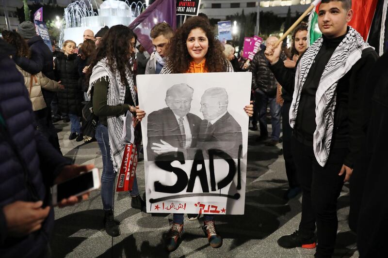 Israelis and Israeli Arabs protest against US President Trump's peace plan as they march in Tel Aviv , Israel.  EPA