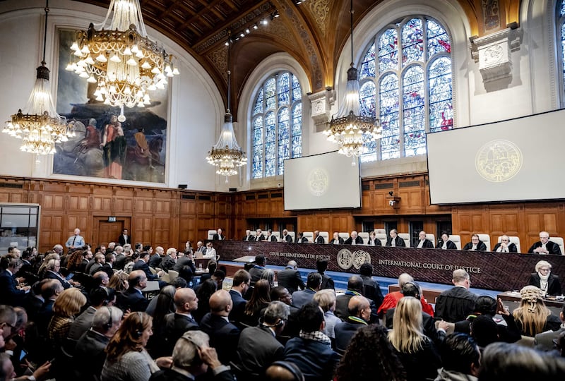 President Joan Donoghue and other judges at the International Court of Justice before the hearing of the genocide case against Israel, brought by South Africa, in The Hague, the Netherlands. EPA