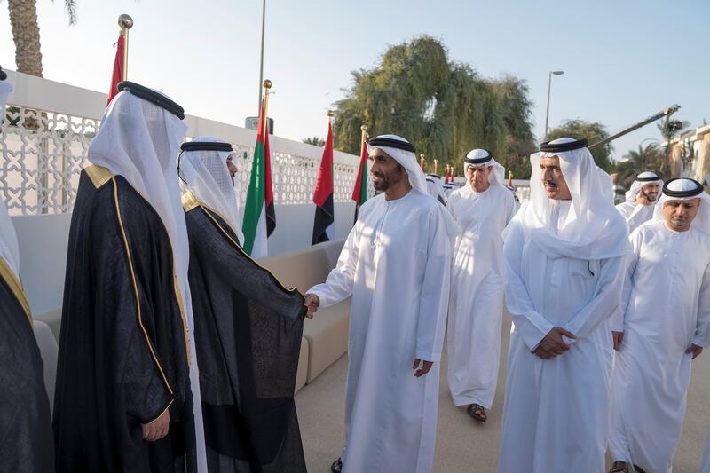 ABU DHABI, UNITED ARAB EMIRATES -November 23, 2017: HH Sheikh Nahyan Bin Zayed Al Nahyan, Chairman of the Board of Trustees of Zayed bin Sultan Al Nahyan Charitable and Humanitarian Foundation (3rd R), attends a mass wedding held at Majlis Al Zaab. Seen with HE Jassem Mohamed Bu Ataba Al Zaabi, Chairman of Abu Dhabi Executive Office and Abu Dhabi Executive Council Member (R) and HE Ahmed Juma Al Zaabi, UAE Deputy Minister of Presidential Affairs (2nd R).

( Mohamed Al Raeesi for Crown Prince Court - Abu Dhabi )

---