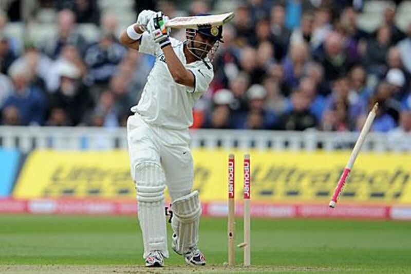 Gautam Gambhir is clean bowled by Tim Bresnan at Edgbaston yesterday.