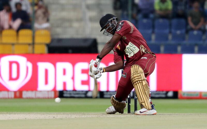 ABU DHABI , UNITED ARAB EMIRATES , Nov 15 – 2019 :-  Andre Russell of Northern Warriors playing a shot during the Abu Dhabi T10 Cricket match between Maratha Arabians v Northern Warriors held at Sheikh Zayed Cricket Stadium in Abu Dhabi. ( Pawan Singh / The National )  For Sports. Story by Amith