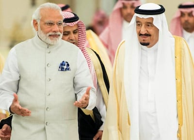 Saudi Arabia's King Salman, right, welcomes Prime Minister Narendra Modi of India in Riyadh. AFP