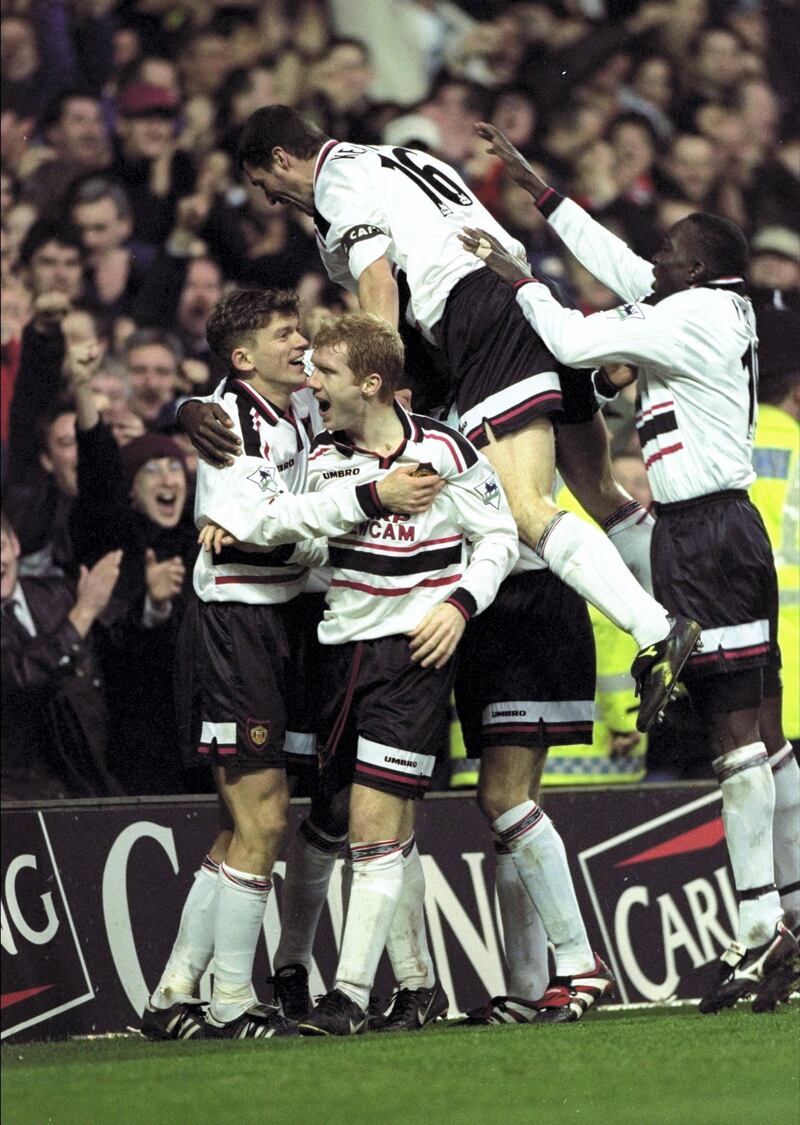6 Feb 1999:  Manchester United celebrate one of Ole Gunnar Solskjaer's four goals against Nottingham Forest in the FA Carling Premiership match at the City Ground in Nottingham, England. United won 8-1. \ Mandatory Credit: Gary M Prior/Allsport