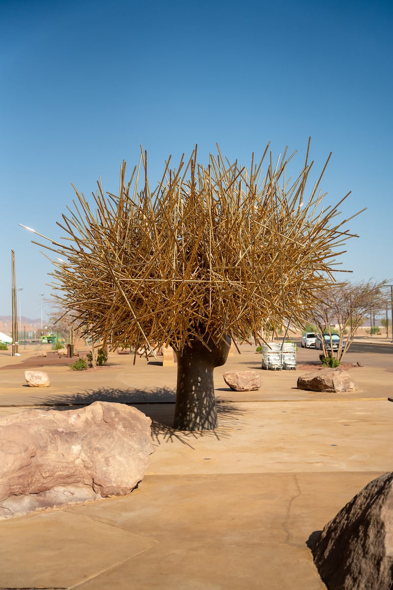 'Clio Dorado' by Manolo Valdes. The artwork is not specifically part of the Safar art collection, but outside AlUla International Airport.