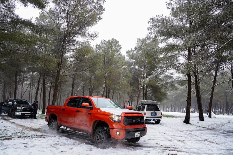 Parked vehicles are seen in the snow outside a forest in the Sidi al-Hamri region of Libya's eastern Jebel Akhdar (Green Mountain) upland region, about 200 kilometres east of Benghazi, on February 16, 2021. (Photo by - / AFP)