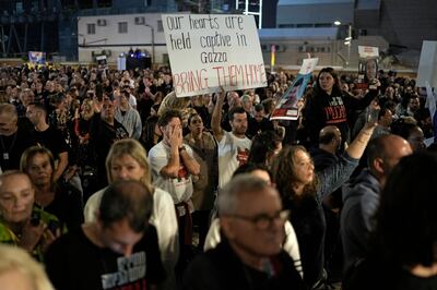A show of solidarity with hostages being held in the Gaza Strip, near the Museum of Art in Tel Aviv, Israel. AP