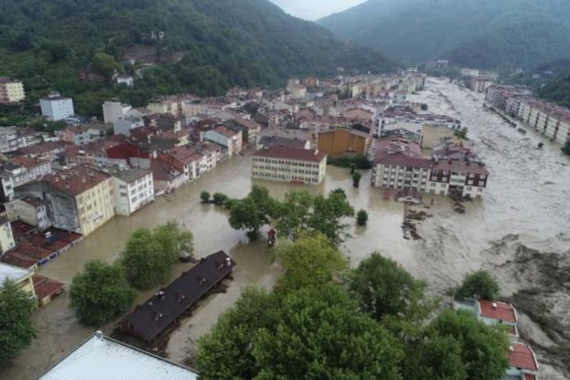 Flooded buildings in the Bozkurt district of Kastamonu, Turkey, on August 11. Getty