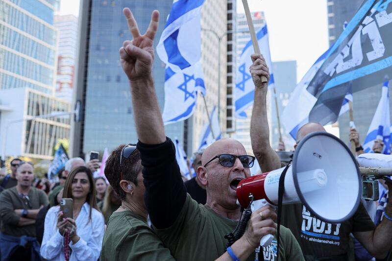 Israelis demonstrate in Bnei Brak. Reuters