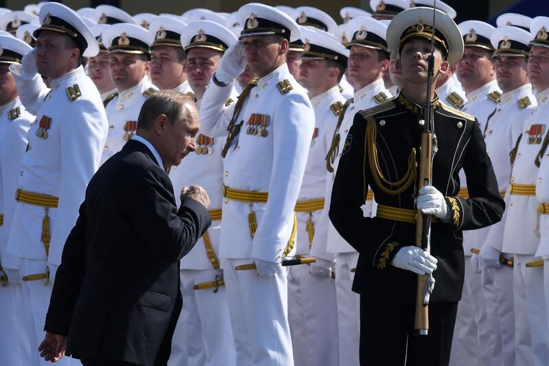Russian President Vladimir Putin attends the Navy Day parade in Saint Petersburg on July 29, 2018.   AFP / Kirill KUDRYAVTSEV