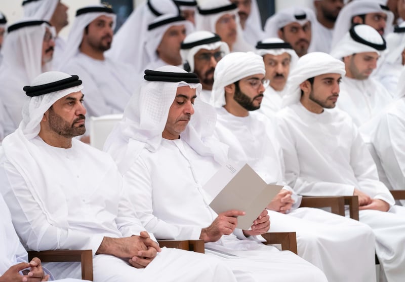 ABU DHABI, UNITED ARAB EMIRATES - May 29, 2019: HH Lt General Sheikh Saif bin Zayed Al Nahyan, UAE Deputy Prime Minister and Minister of Interior (2nd L), attends a lecture by Dr Pavan Sukhdev (Not shown), titled: "Redefining wealth for an economy of performance", at Majlis Mohamed bin Zayed. 

( Eissa Al Hammadi for the Ministry of Presidential Affairs )
---
