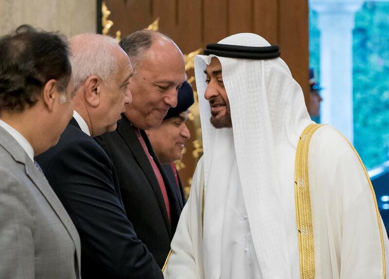 CAIRO, EGYPT - April 10, 2018: HH Sheikh Mohamed bin Zayed Al Nahyan, Crown Prince of Abu Dhabi and Deputy Supreme Commander of the UAE Armed Forces (R), greets a guest, during an official visit to Egypt. 

( Rashed Al Mansoori / Crown Prince Court - Abu Dhabi )

---