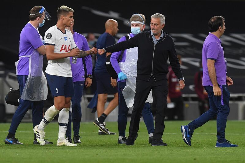 LONDON, ENGLAND - JUNE 23: Jose Mourinho, Manager of Tottenham Hotspur interacts with Erik Lamela of Tottenham Hotspur at full-time after the Premier League match between Tottenham Hotspur and West Ham United at Tottenham Hotspur Stadium on June 23, 2020 in London, England. Football Stadiums around Europe remain empty due to the Coronavirus Pandemic as Government social distancing laws prohibit fans inside venues resulting in all fixtures being played behind closed doors. (Photo by Neil Hall/Pool via Getty Images)