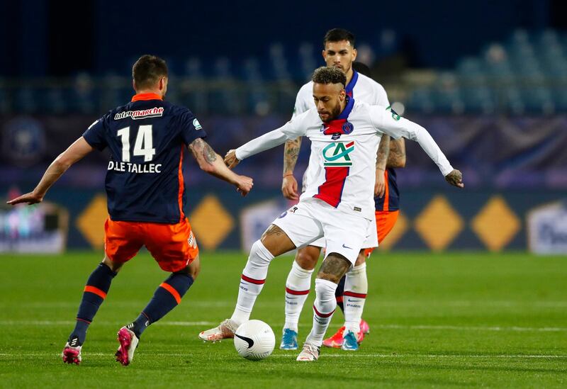 Damian Le Tallec of Montpellier  and Neymar of Paris Saint-Germain in action. EPA