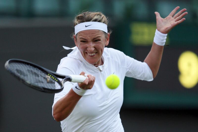 FILE - In this July 3, 2017, file photo, Victoria Azarenka, of Belarus, returns to CiCi Bellis during a match on the opening day at the Wimbledon Tennis Championships in London. Former No. 1 VAzarenka says she will sit out the Fed Cup final between Belarus and the United States because of an ongoing custody dispute with her baby's father. Azarenka tweeted about her absence from Belarus' team on Tuesday, Nov. 7, 2017. (AP Photo/Tim Ireland, File)