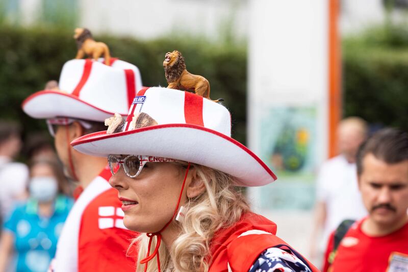 Fans arrive at Wembley stadium ahead of the Euros football final between England and Italy.