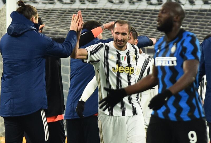 Juventus defender Giorgio Chiellini celebrates after the match. Reuters