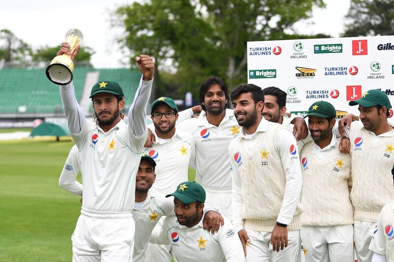 Cricket - Test Match - Ireland vs Pakistan - The Village, Malahide, Ireland - May 15, 2018   Pakistan's Hasan Ali celebrates with the trophy and team mates after winning the test match  REUTERS/Clodagh Kilcoyne