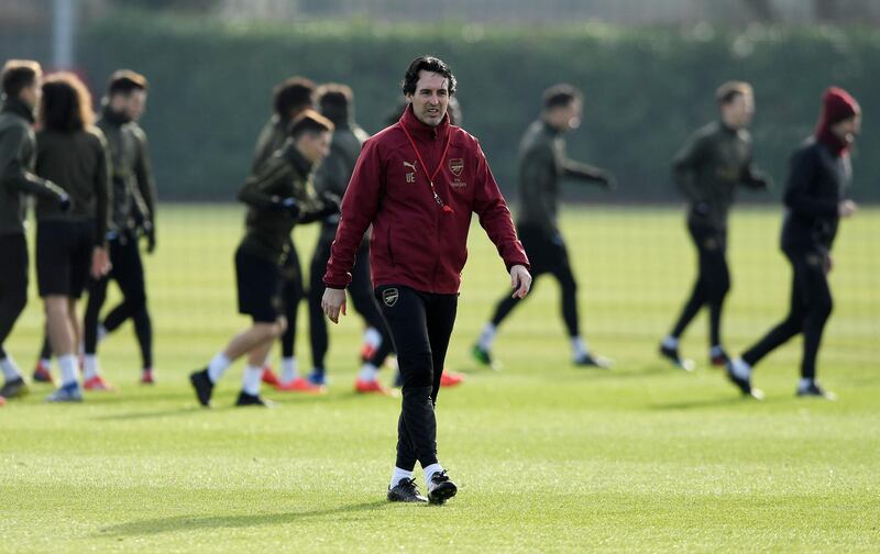 Arsenal Training - Arsenal Training Centre, St Albans, Britain. Arsenal manager Unai Emery during training Action. Reuters